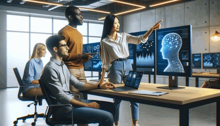 Equipo de desarrolladores colaborando en un entorno de oficina moderno con pantallas mostrando gráficos de inteligencia artificial.