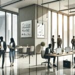 Oficina moderna de startup con emprendedores trabajando junto a ventanales urbanos.