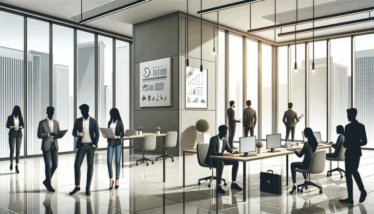 Oficina moderna de startup con emprendedores trabajando junto a ventanales urbanos.