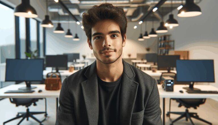 Retrato de un joven emprendedor en un espacio de coworking moderno, rodeado de equipos tecnológicos.