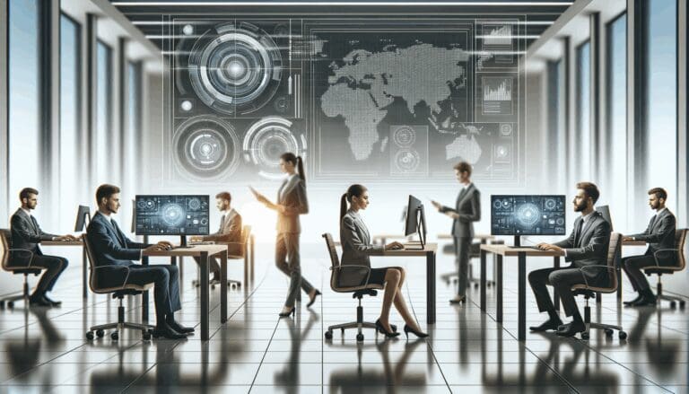 Equipo empresarial en un entorno moderno de oficina, usando computadoras y pantallas con gráficos tecnológicos.