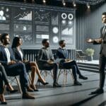 Salón de eventos moderno con emprendedores presentando proyectos frente a un panel de inversionistas.