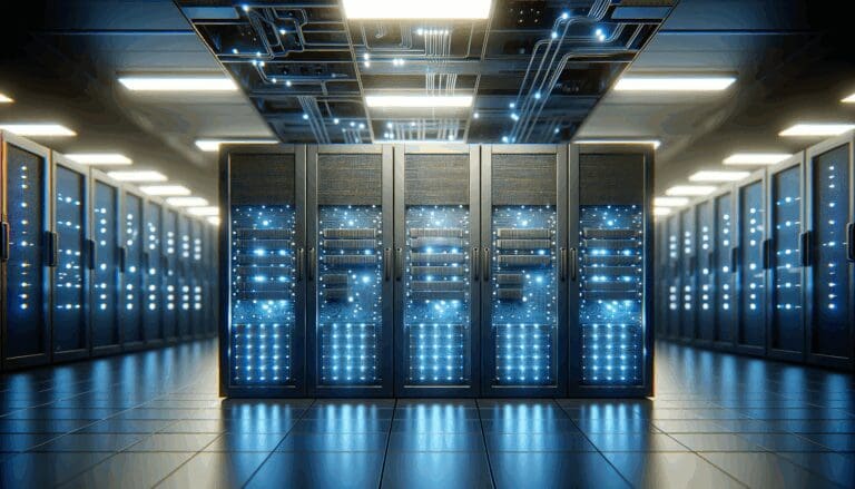 Primer plano de servidores y chips en un centro de datos moderno con luces azules, ambiente tecnológico y minimalista.
