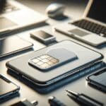 Primer plano de una tarjeta SIM digital sobre una mesa con dispositivos móviles y laptops modernos en ambiente de oficina.