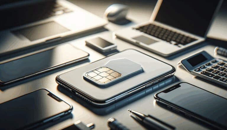 Primer plano de una tarjeta SIM digital sobre una mesa con dispositivos móviles y laptops modernos en ambiente de oficina.