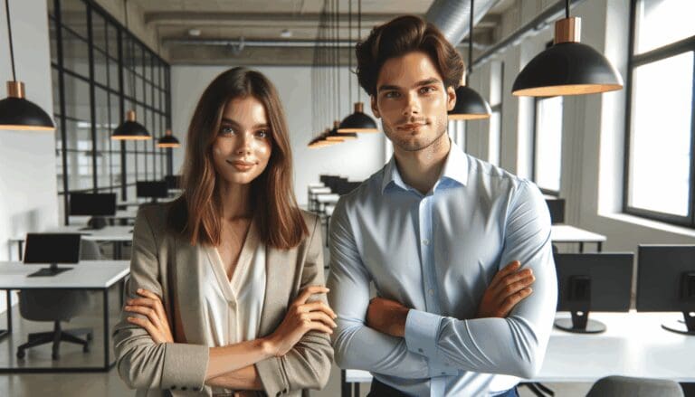 Retrato editorial de dos jóvenes emprendedores en una oficina tecnológica moderna.