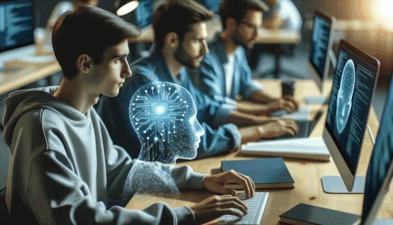 Primer plano de programadores trabajando en soluciones de inteligencia artificial en un espacio moderno de coworking.