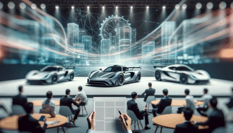 Fotografía de dos vehículos deportivos en exhibición, fondo borroso de un evento tecnológico con personas conversando.