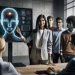 Profesor mostrando en pantalla una herramienta digital de inteligencia artificial a estudiantes en un aula moderna.