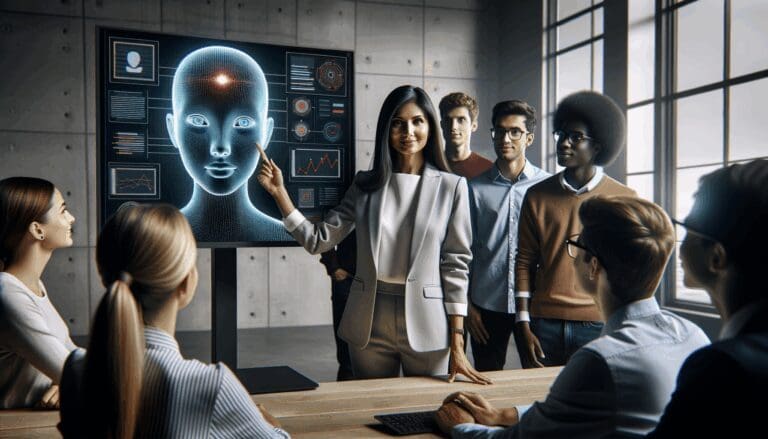 Profesor mostrando en pantalla una herramienta digital de inteligencia artificial a estudiantes en un aula moderna.