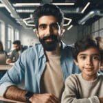 Retrato de padre e hijo en un moderno espacio de coworking, rodeados de equipos tecnológicos y ambiente colaborativo.