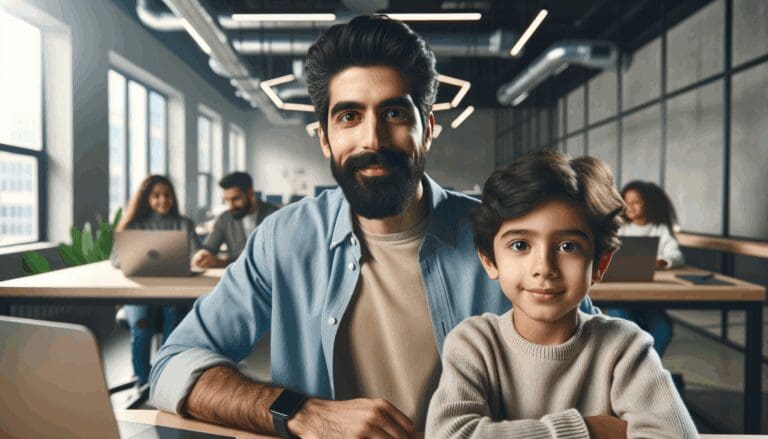 Retrato de padre e hijo en un moderno espacio de coworking, rodeados de equipos tecnológicos y ambiente colaborativo.