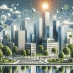 Ilustración digital de una ciudad moderna con startups verdes, árboles y paneles solares en edificios.