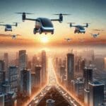 Taxis aéreos eléctricos volando sobre una ciudad moderna al atardecer, entorno futurista y tecnológico.