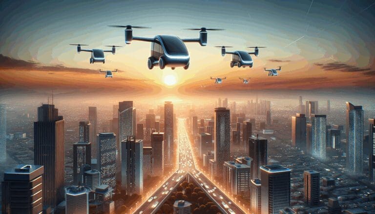 Taxis aéreos eléctricos volando sobre una ciudad moderna al atardecer, entorno futurista y tecnológico.