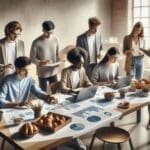 Grupo de jóvenes empresarios analizando datos en un entorno de oficina moderno, rodeados de alimentos y laptops.