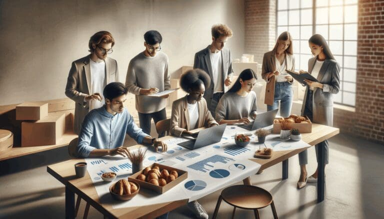 Grupo de jóvenes empresarios analizando datos en un entorno de oficina moderno, rodeados de alimentos y laptops.