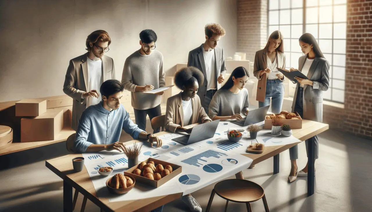 Grupo de jóvenes empresarios analizando datos en un entorno de oficina moderno, rodeados de alimentos y laptops.