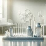 Laboratorio limpio con tubos de ensayo y muestras de bioplástico sobre una mesa blanca, fondo difuminado.