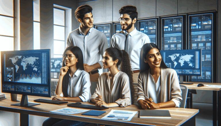 Jóvenes profesionales colaborando en una oficina moderna con equipos de computadoras y pantallas mostrando gráficos de datos.