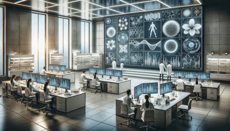 Laboratorio moderno con científicos trabajando en biotecnología y pantallas con datos digitales.
