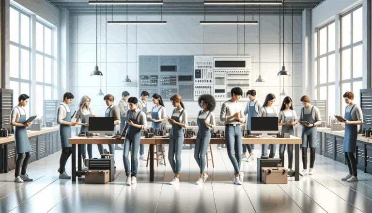 Personas jóvenes colaborando en un taller tecnológico moderno, rodeados de herramientas y equipos electrónicos.