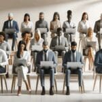 Oficina moderna con equipo trabajando en computadoras portátiles