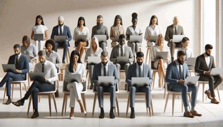 Oficina moderna con equipo trabajando en computadoras portátiles