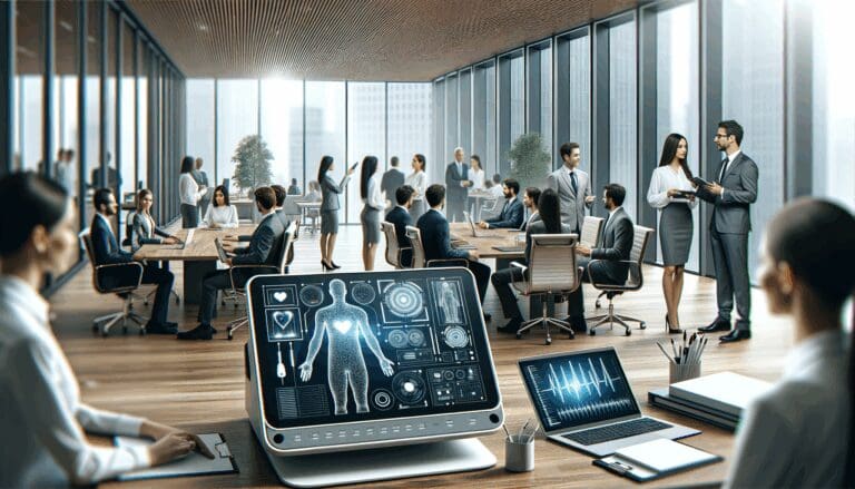 Oficina moderna con emprendedores colaborando y equipos médicos digitales en primer plano.