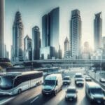 Vehículos corporativos modernos circulando en una gran ciudad latinoamericana, con fondo urbano y luz natural.