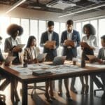 Equipo multicultural de emprendedores revisando propuestas en una sala de reuniones moderna y bien iluminada, ambiente profesional y tecnológico.