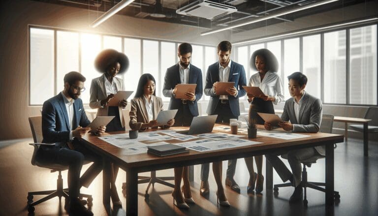 Equipo multicultural de emprendedores revisando propuestas en una sala de reuniones moderna y bien iluminada, ambiente profesional y tecnológico.