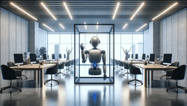 Representación conceptual de inteligencia artificial en un entorno de oficina moderno y minimalista.