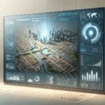 Ilustración de una interfaz tecnológica mostrando un mapa urbano digital y datos inmobiliarios en pantalla.