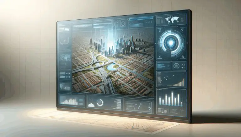 Ilustración de una interfaz tecnológica mostrando un mapa urbano digital y datos inmobiliarios en pantalla.