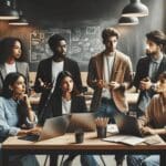 Grupo diverso de jóvenes emprendedores colaborando en un espacio de coworking moderno con pizarras y laptops.