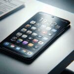 Primer plano de un smartphone con apps tecnológicas iluminadas sobre mesa de trabajo minimalista.