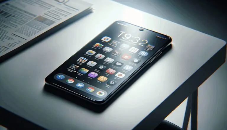 Primer plano de un smartphone con apps tecnológicas iluminadas sobre mesa de trabajo minimalista.