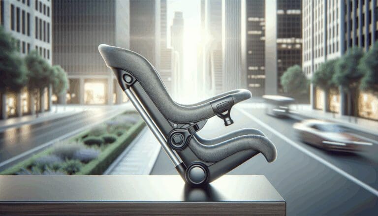 Primer plano de una silla infantil de bicicleta, en un entorno urbano moderno, destacando seguridad e innovación tecnológica.