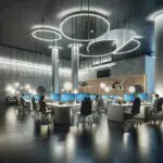 Interior de una oficina moderna con equipos tecnológicos trabajando en espacios colaborativos y ambiente dinámico.