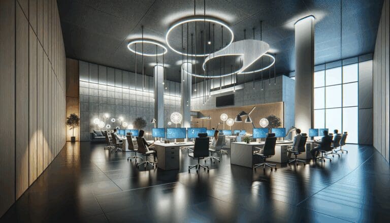 Interior de una oficina moderna con equipos tecnológicos trabajando en espacios colaborativos y ambiente dinámico.