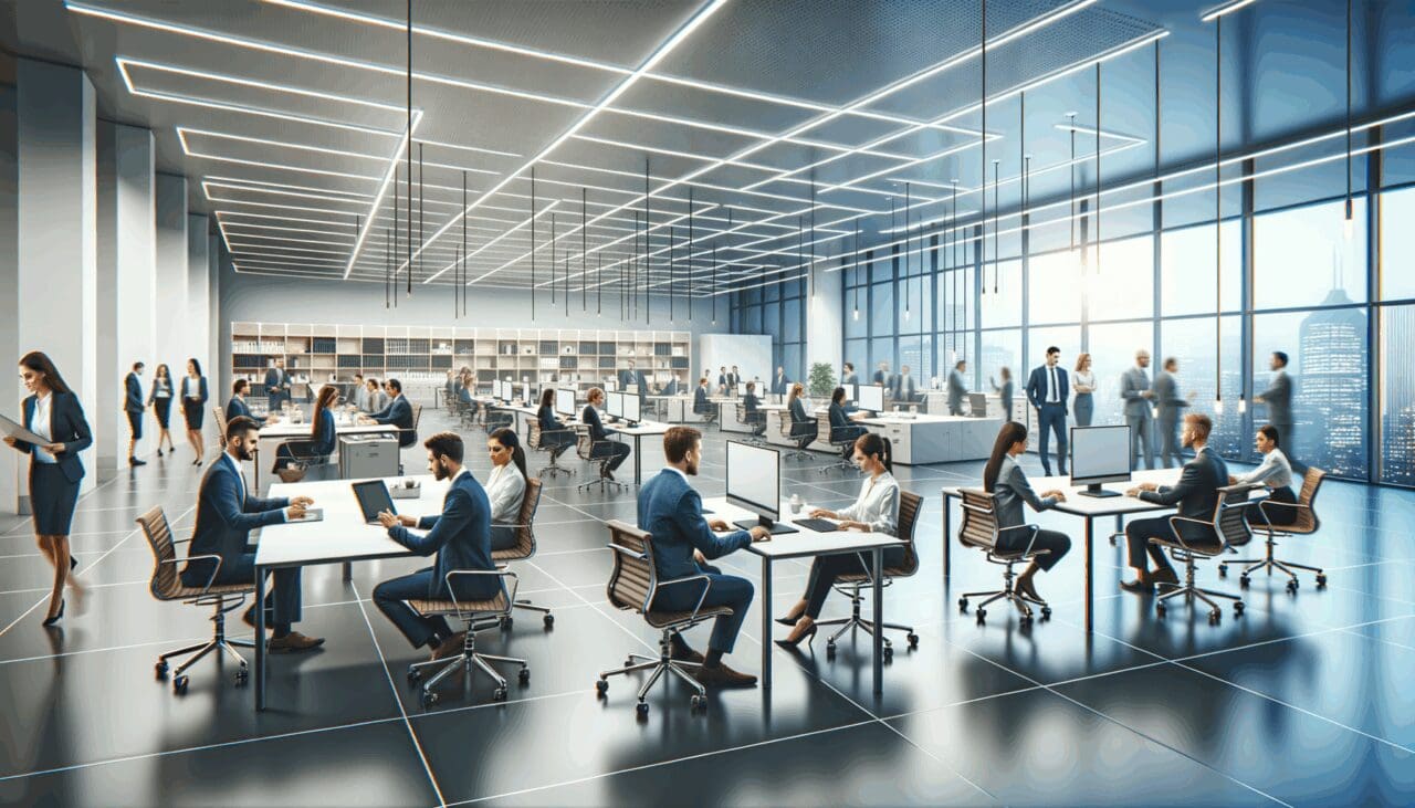 Oficina moderna con equipos de trabajo reunidos en mesas colaborativas, ambiente dinámico y tecnológico.