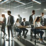 Primer plano de jóvenes emprendedores trabajando en un laboratorio tecnológico moderno.