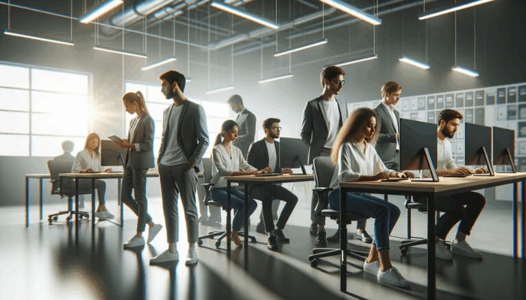 Primer plano de jóvenes emprendedores trabajando en un laboratorio tecnológico moderno.