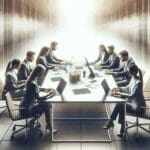 Personas colaborando alrededor de una mesa con portátiles en un ambiente moderno y tecnológico.