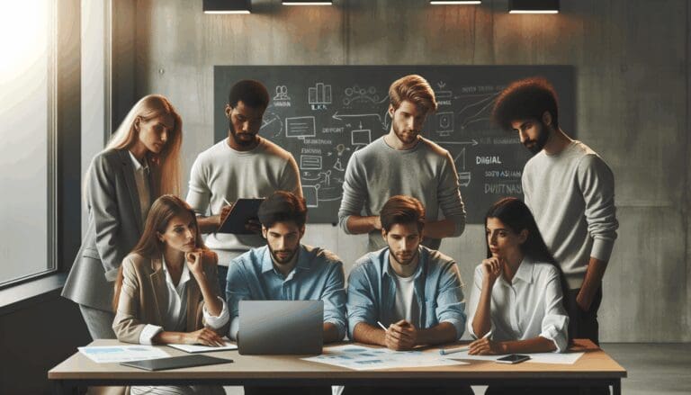 Equipo de jóvenes emprendedores colaborando en un espacio de oficinas moderno con laptops y pizarras digitales.