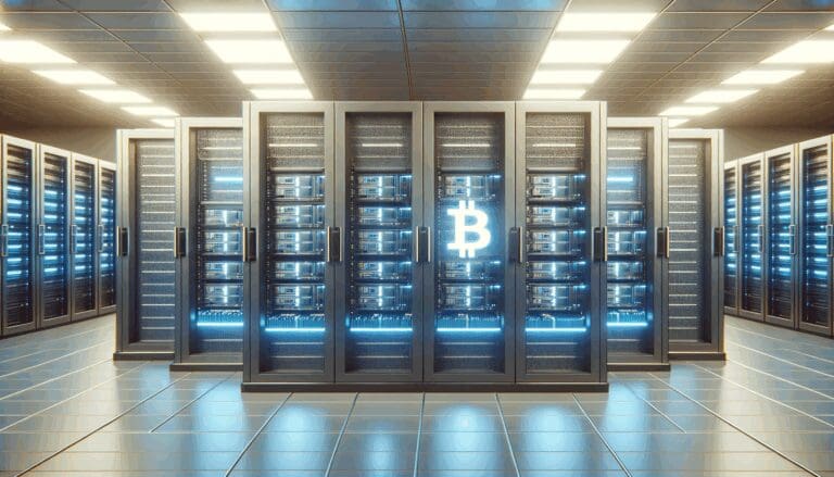 Sala de servidores de criptomonedas con luces LED azules y racks ordenados, ambiente tecnológico profesional.