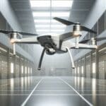 Dron autónomo de tamaño medio en vuelo sobre un entorno industrial moderno y tecnológico.