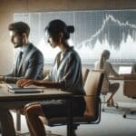 Equipo diverso trabajando con laptops en una oficina moderna, pantalla mostrando gráficos de criptomonedas.