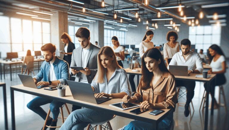 Jóvenes emprendedores trabajando en un espacio colaborativo moderno con tecnología.